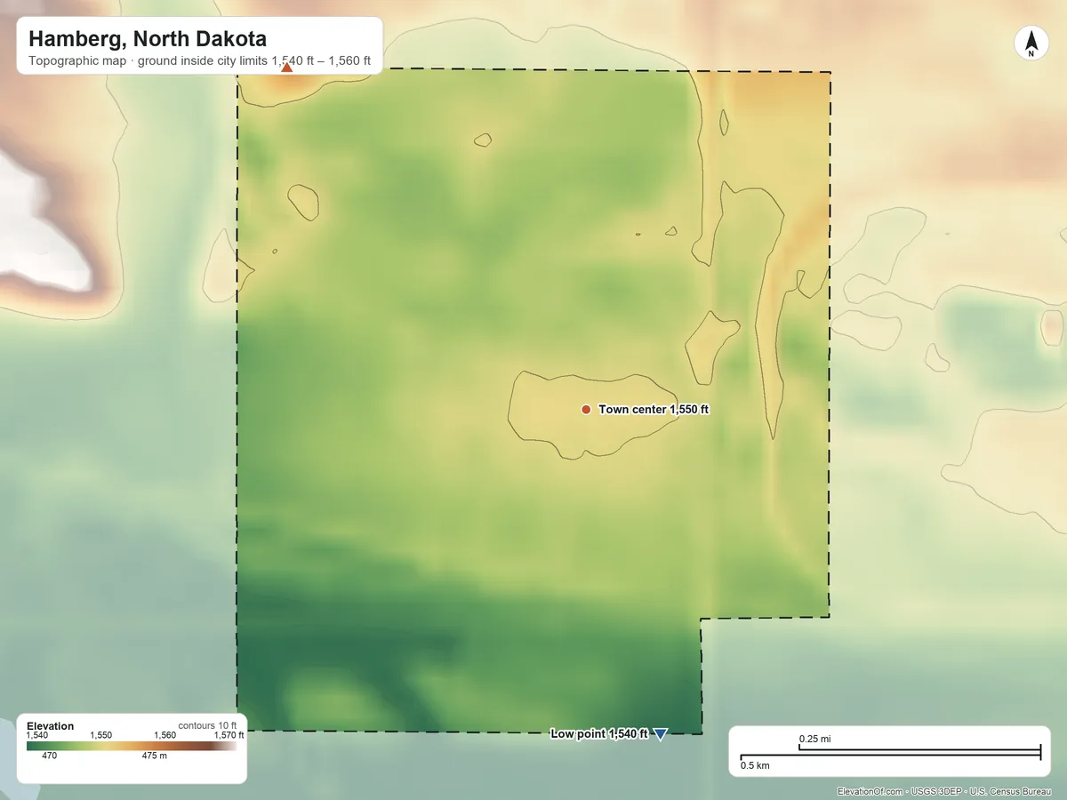 Topographic elevation map of Hamberg, North Dakota, shaded from 1,540 ft on the south side to 1,560 ft on the northwest side