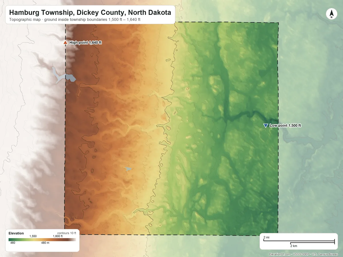 Topographic elevation map of Hamburg Township, Dickey County, North Dakota, shaded from 1,500 ft on the east side to 1,640 ft on the northwest side