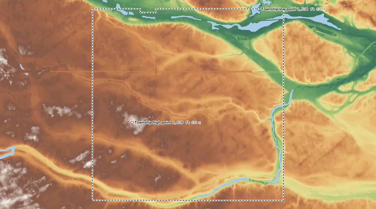 Topographic elevation map of Hamburg Township, North Dakota, shaded from 1,530 ft on the northeast side to 1,610 ft on the southwest side