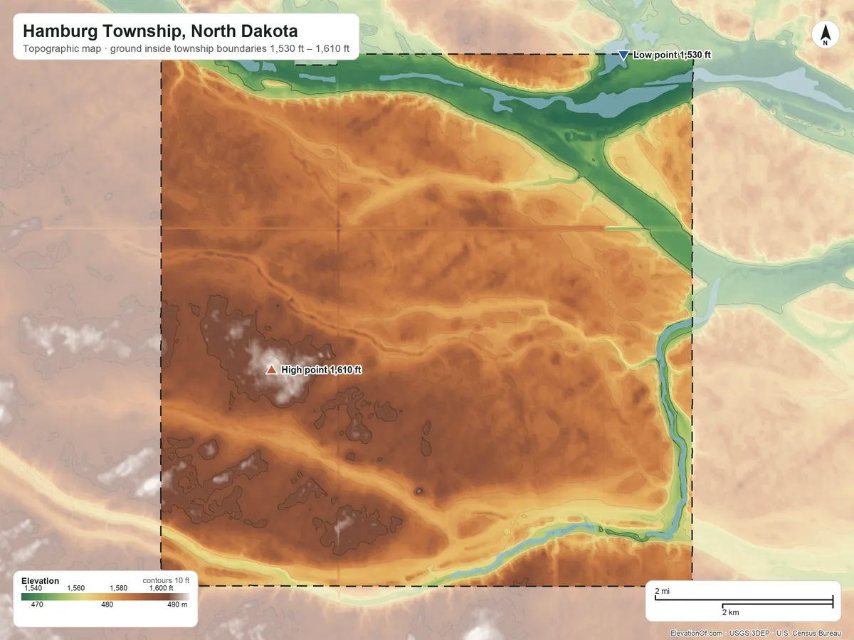 Topographic elevation map of Hamburg Township, North Dakota, shaded from 1,530 ft on the northeast side to 1,610 ft on the southwest side
