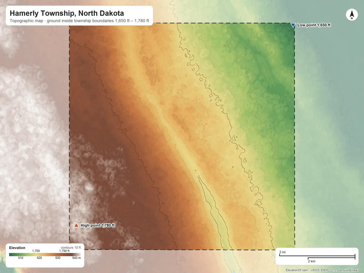 Topographic elevation map of Hamerly Township, North Dakota, shaded from 1,650 ft on the northeast side to 1,780 ft on the southwest side