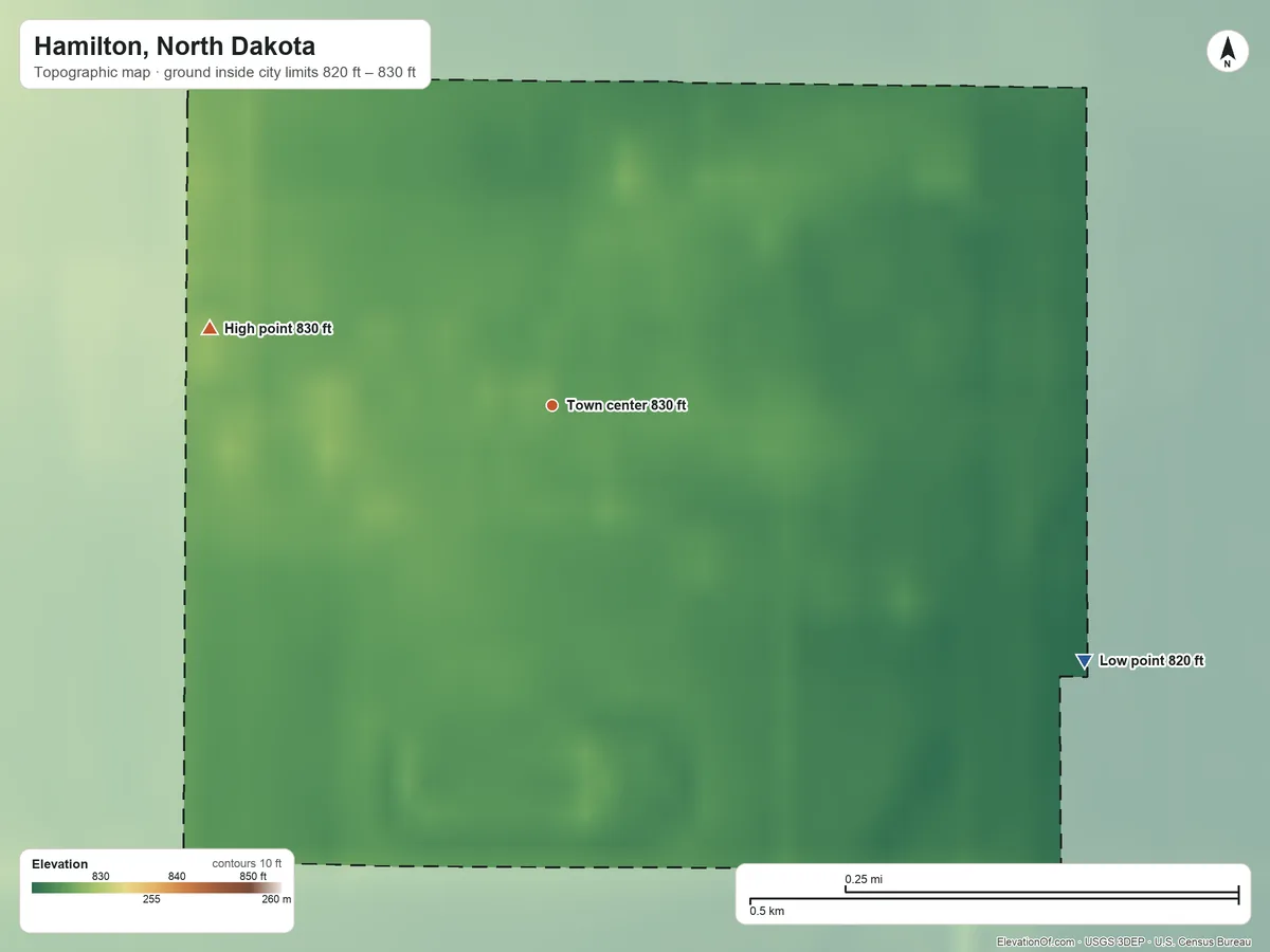 Topographic elevation map of Hamilton, North Dakota, shaded from 820 ft on the southeast side to 830 ft on the west side