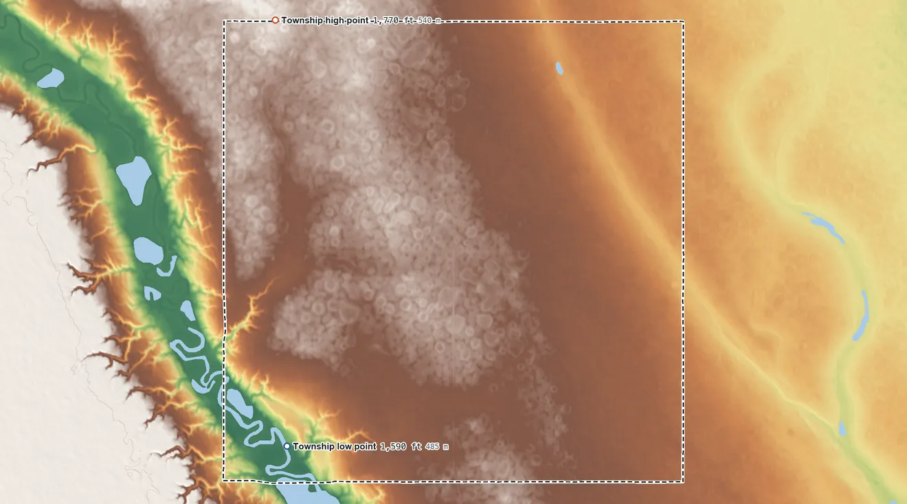 Topographic elevation map of Hamlet Township, North Dakota, shaded from 1,590 ft on the southwest side to 1,770 ft on the northwest side