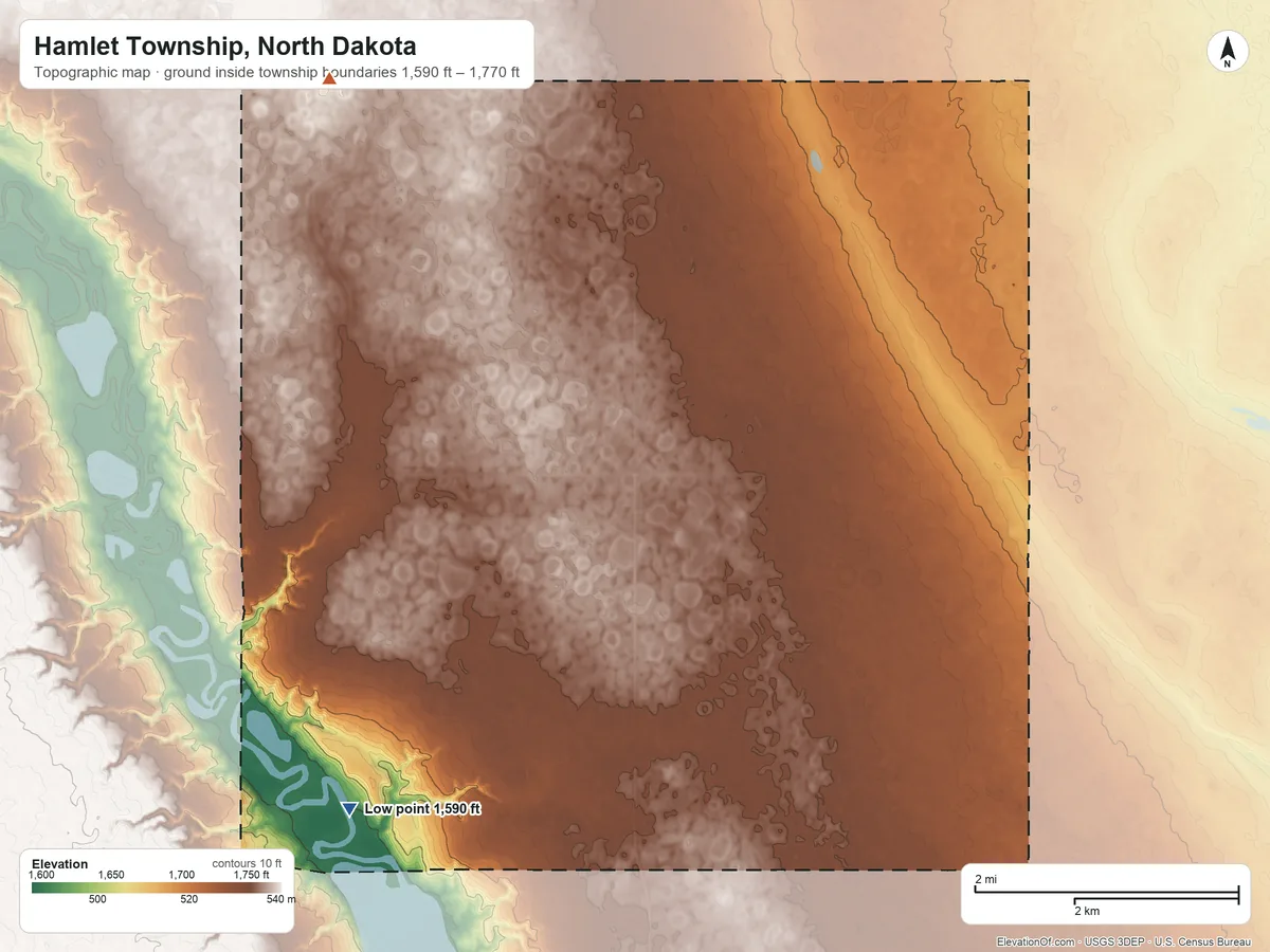 Topographic elevation map of Hamlet Township, North Dakota, shaded from 1,590 ft on the southwest side to 1,770 ft on the northwest side