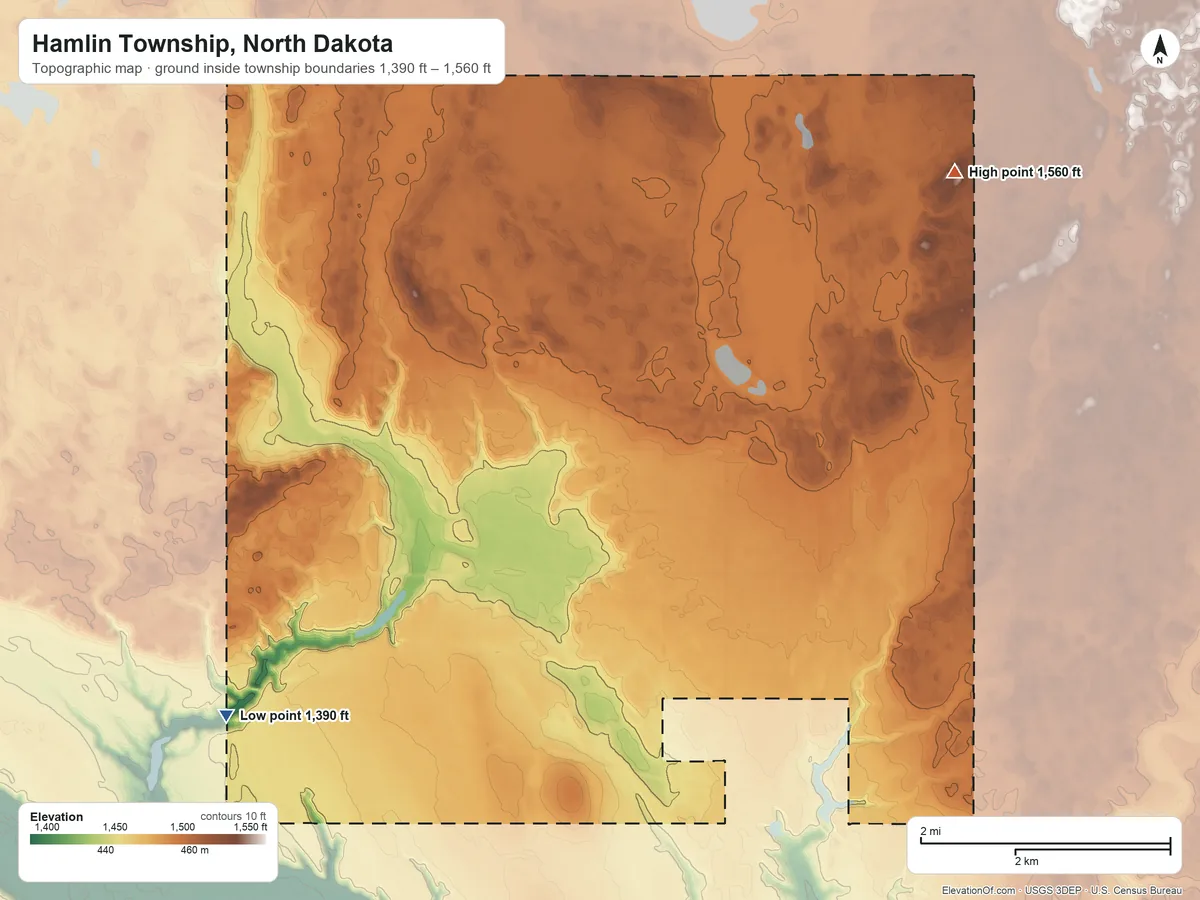 Topographic elevation map of Hamlin Township, North Dakota, shaded from 1,390 ft on the southwest side to 1,560 ft on the northeast side
