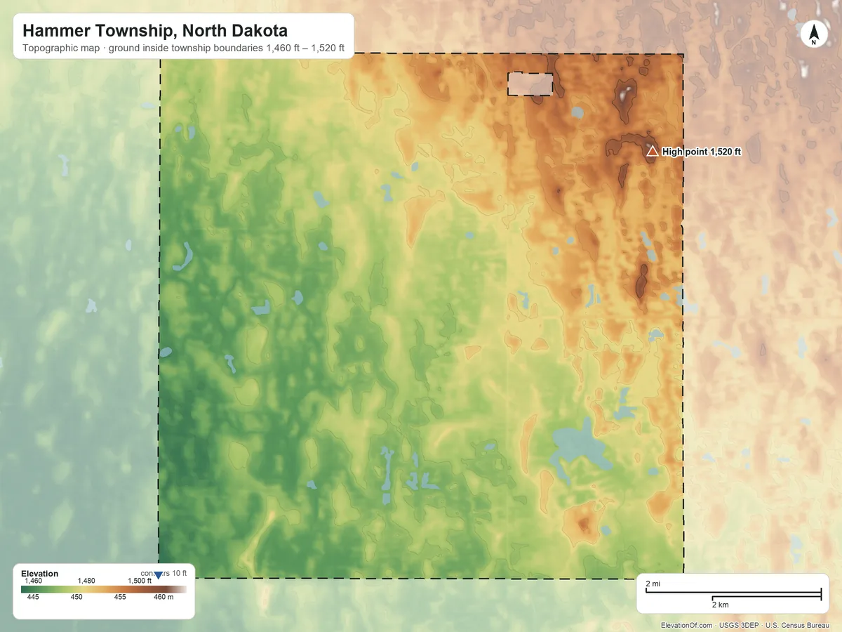 Topographic elevation map of Hammer Township, North Dakota, shaded from 1,460 ft on the southwest side to 1,520 ft on the northeast side