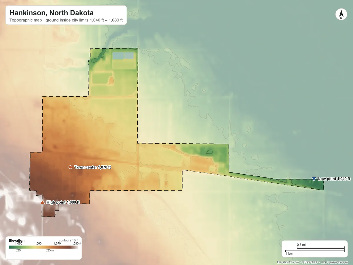 Topographic elevation map of Hankinson, North Dakota, shaded from 1,040 ft on the east side to 1,080 ft on the southwest side