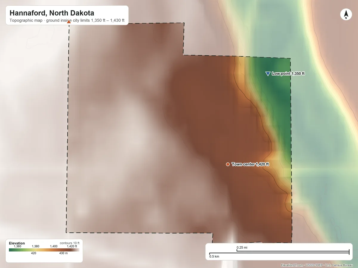 Topographic elevation map of Hannaford, North Dakota, shaded from 1,350 ft on the northeast side to 1,430 ft on the northwest side