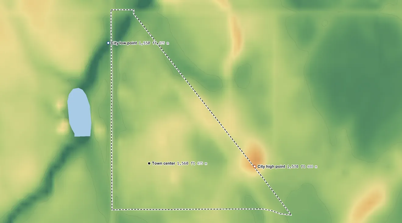 Topographic elevation map of Hannah, North Dakota, shaded from 1,550 ft on the north side to 1,570 ft on the east side