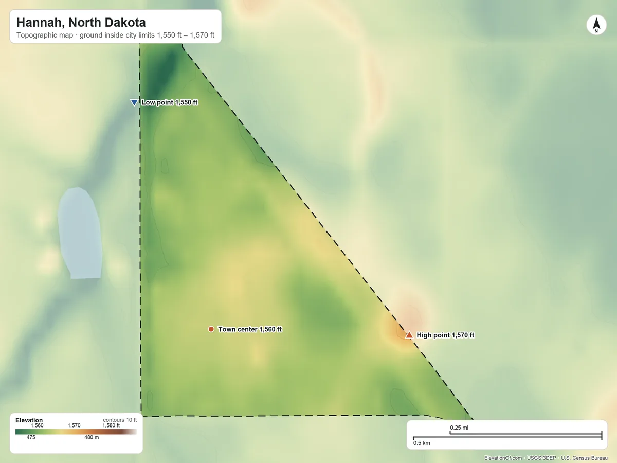 Topographic elevation map of Hannah, North Dakota, shaded from 1,550 ft on the north side to 1,570 ft on the east side