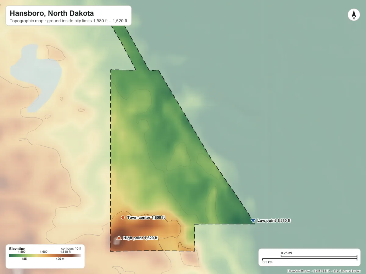 Topographic elevation map of Hansboro, North Dakota, shaded from 1,580 ft on the east side to 1,620 ft near the middle