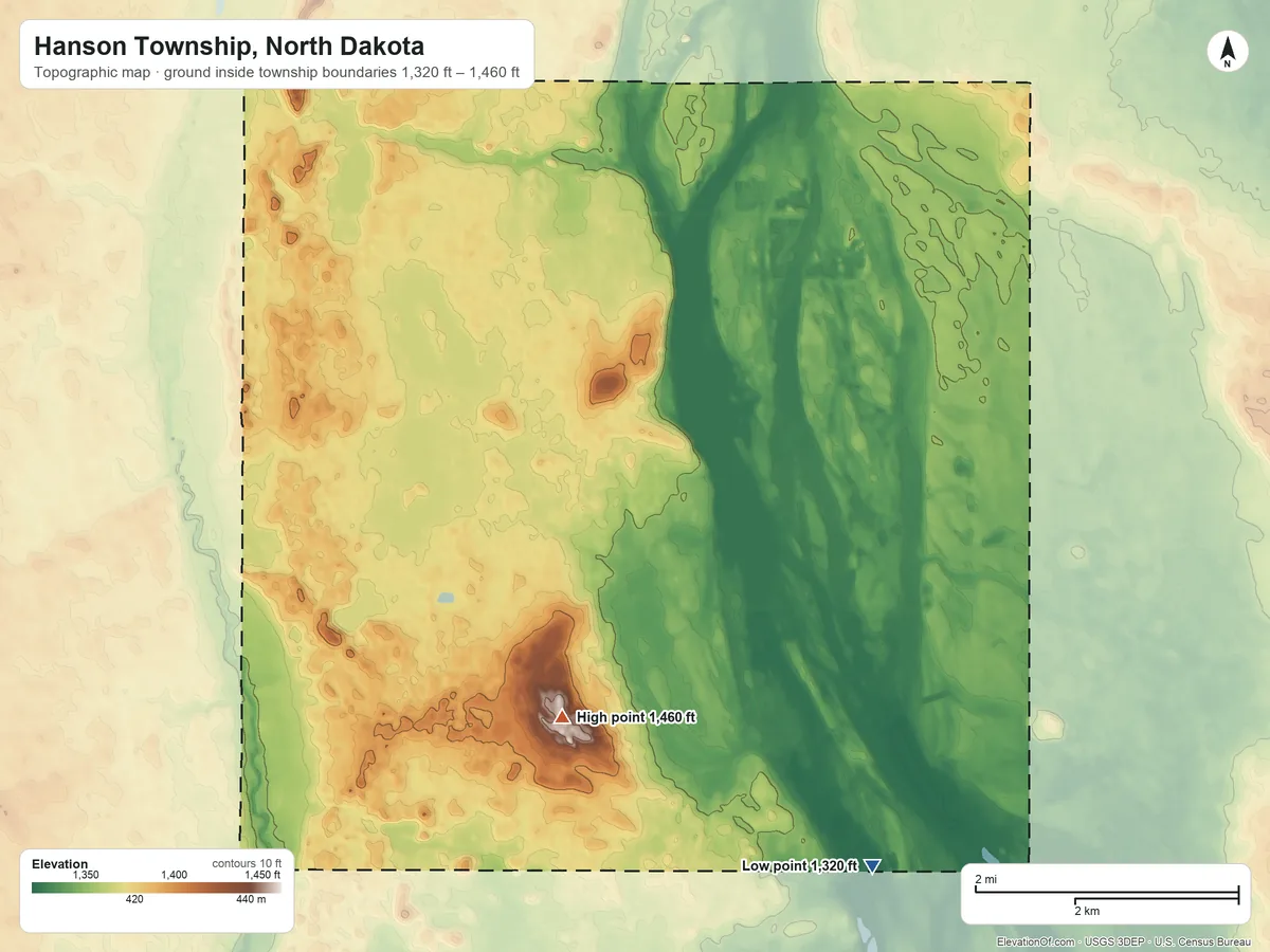 Topographic elevation map of Hanson Township, North Dakota, shaded from 1,320 ft on the south side to 1,460 ft on the southwest side