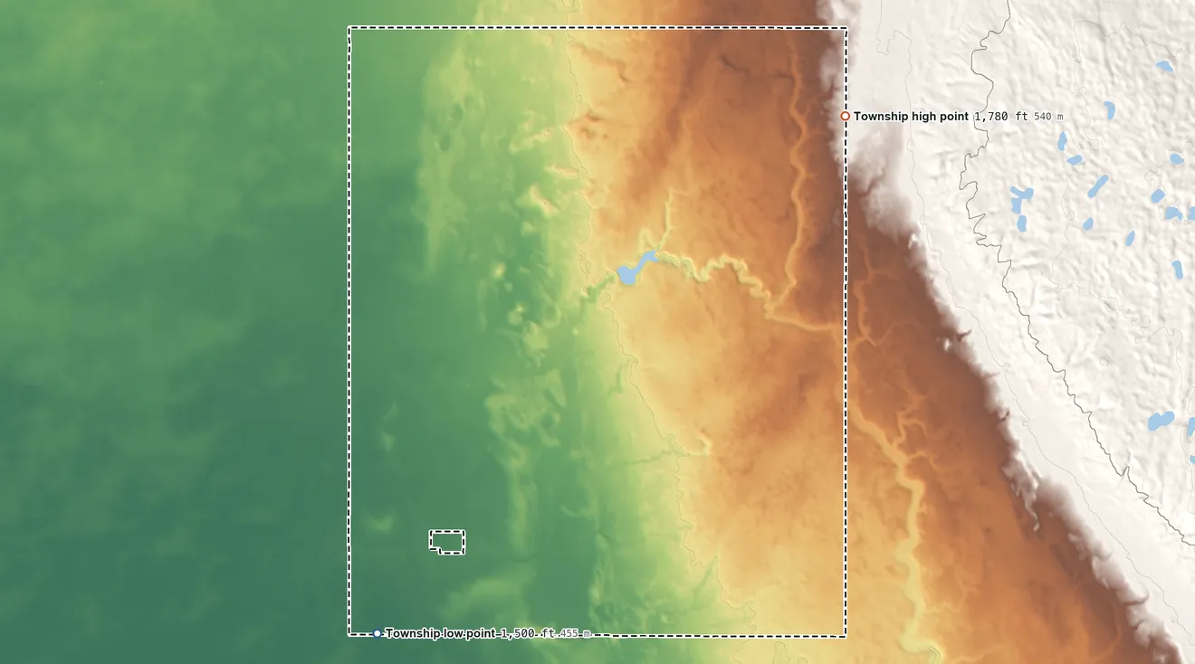 Topographic elevation map of Haram Township, North Dakota, shaded from 1,500 ft on the southwest side to 1,780 ft on the northeast side