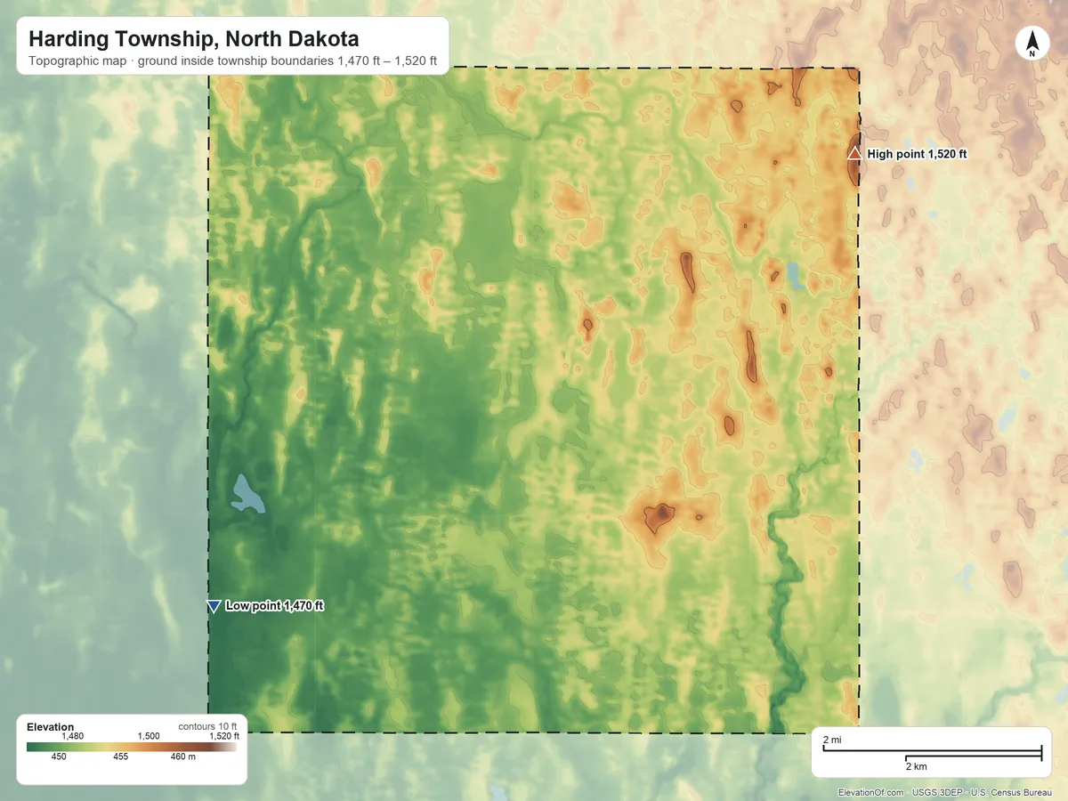 Topographic elevation map of Harding Township, North Dakota, shaded from 1,470 ft on the west side to 1,520 ft on the northeast side