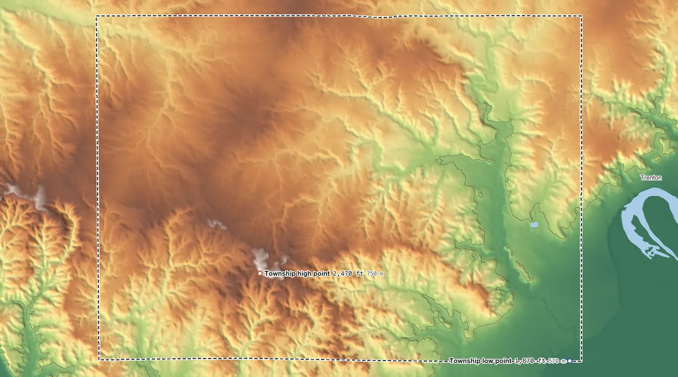 Topographic elevation map of Hardscrabble Township, North Dakota, shaded from 1,870 ft on the southeast side to 2,470 ft on the southwest side
