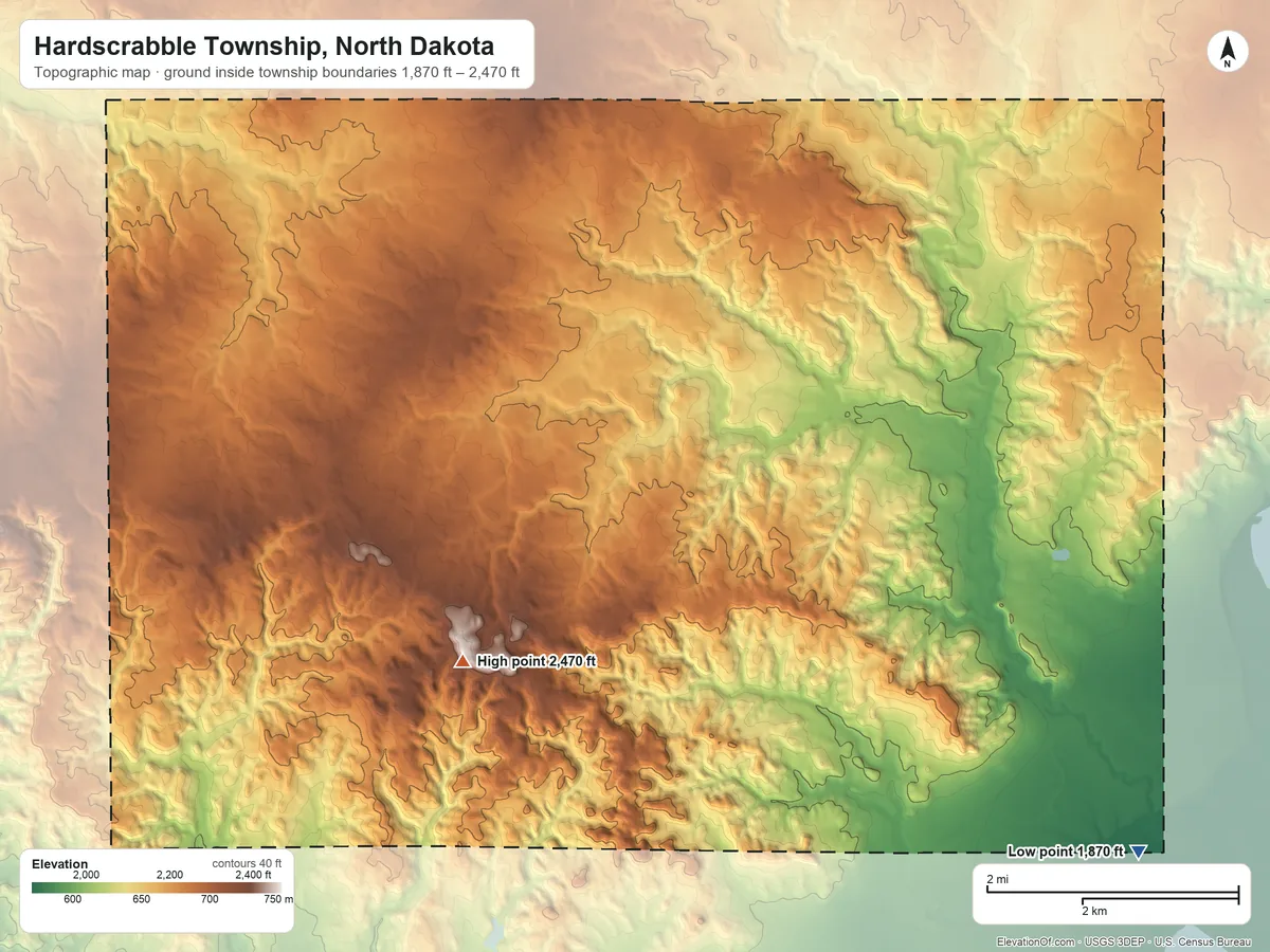 Topographic elevation map of Hardscrabble Township, North Dakota, shaded from 1,870 ft on the southeast side to 2,470 ft on the southwest side