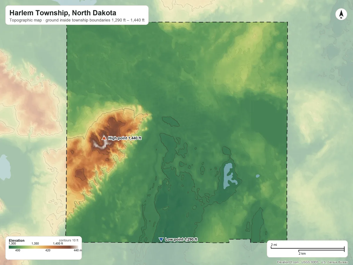 Topographic elevation map of Harlem Township, North Dakota, shaded from 1,290 ft on the southwest side to 1,440 ft on the west side