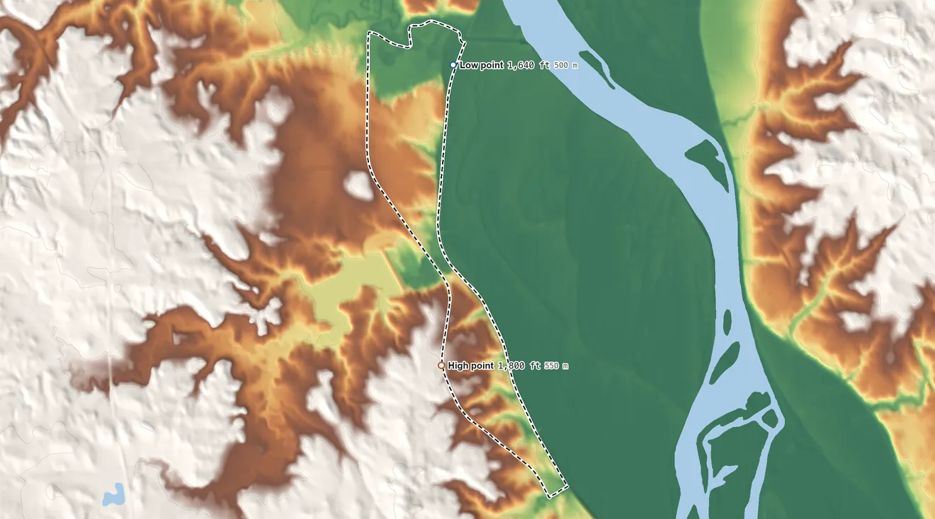 Topographic elevation map of Harmon, North Dakota, shaded from 1,640 ft on the northeast side to 1,800 ft on the south side