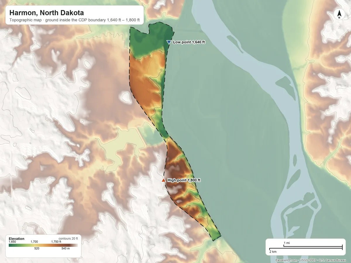 Topographic elevation map of Harmon, North Dakota, shaded from 1,640 ft on the northeast side to 1,800 ft on the south side