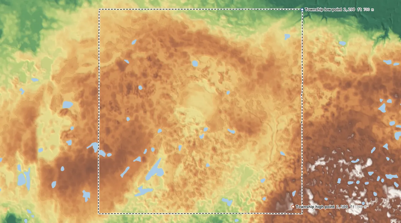 Topographic elevation map of Harmonious Township, North Dakota, shaded from 2,290 ft on the northeast side to 2,500 ft on the southeast side