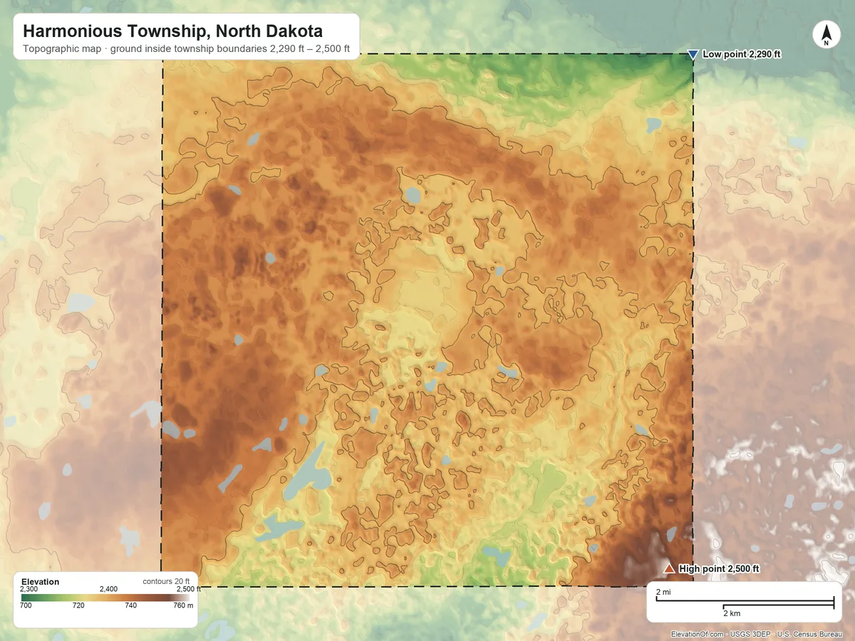 Topographic elevation map of Harmonious Township, North Dakota, shaded from 2,290 ft on the northeast side to 2,500 ft on the southeast side