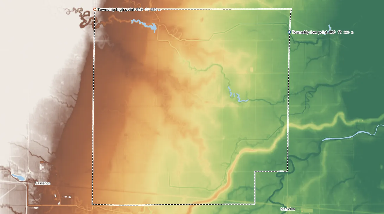 Topographic elevation map of Harmony Township, North Dakota, shaded from 900 ft on the northeast side to 940 ft on the northwest side