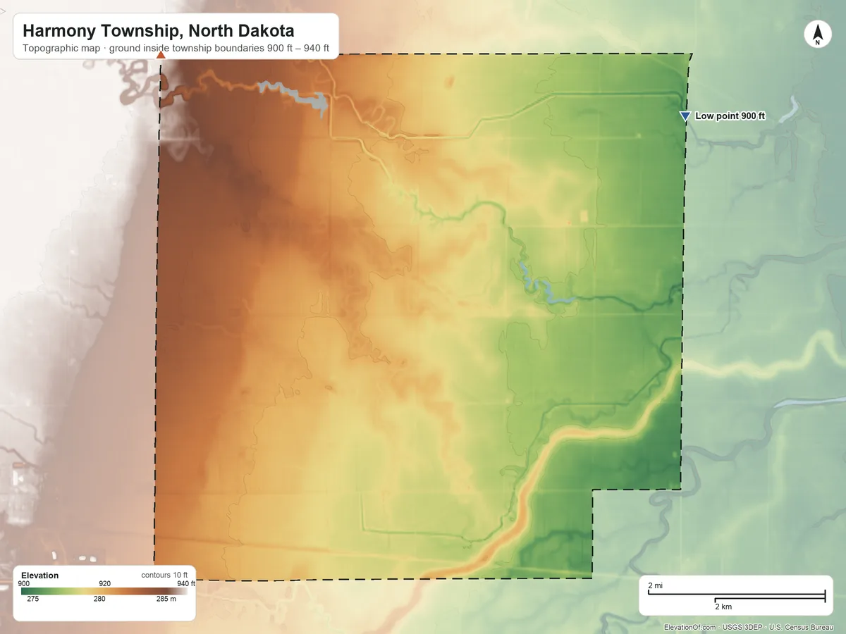 Topographic elevation map of Harmony Township, North Dakota, shaded from 900 ft on the northeast side to 940 ft on the northwest side