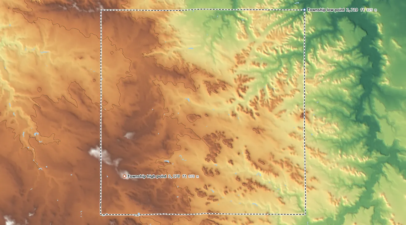 Topographic elevation map of Harper Township, North Dakota, shaded from 2,710 ft on the northeast side to 3,170 ft on the southwest side