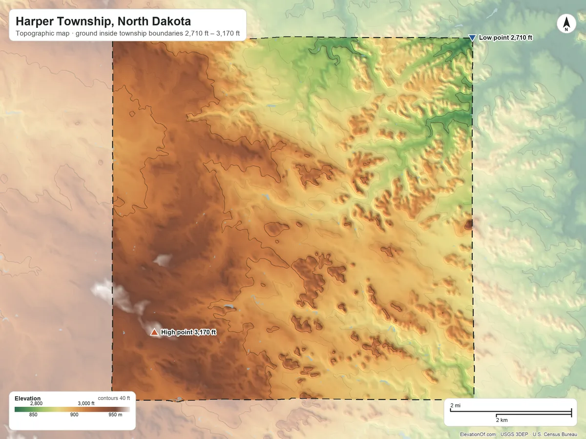 Topographic elevation map of Harper Township, North Dakota, shaded from 2,710 ft on the northeast side to 3,170 ft on the southwest side