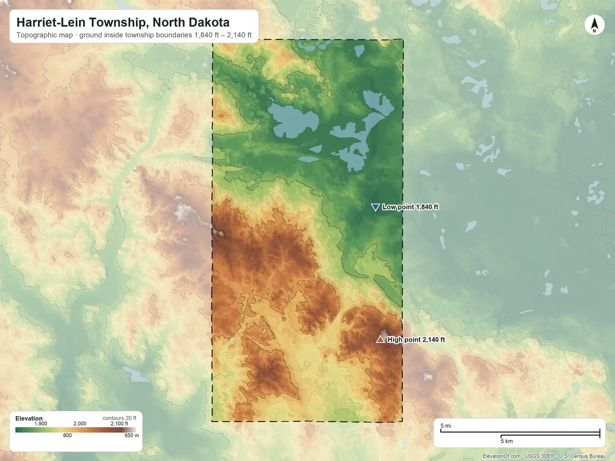 Topographic elevation map of Harriet-Lein Township, North Dakota, shaded from 1,840 ft on the east side to 2,140 ft on the southeast side