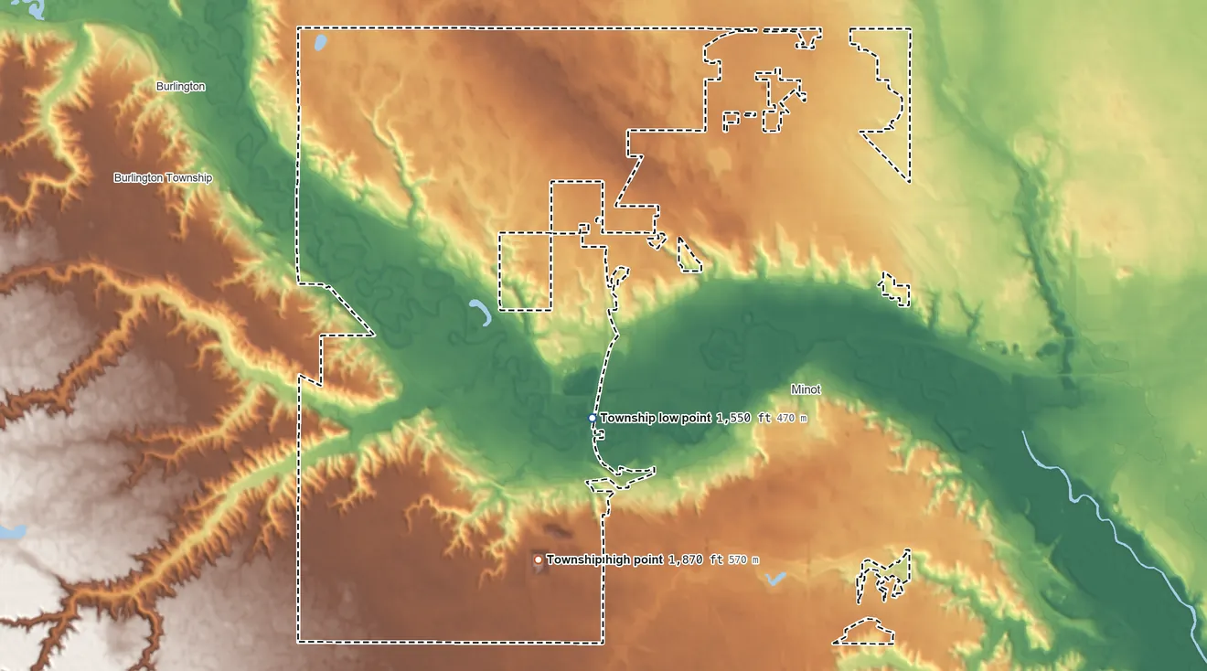 Topographic elevation map of Harrison Township, North Dakota, shaded from 1,550 ft on the southeast side to 1,870 ft on the south side