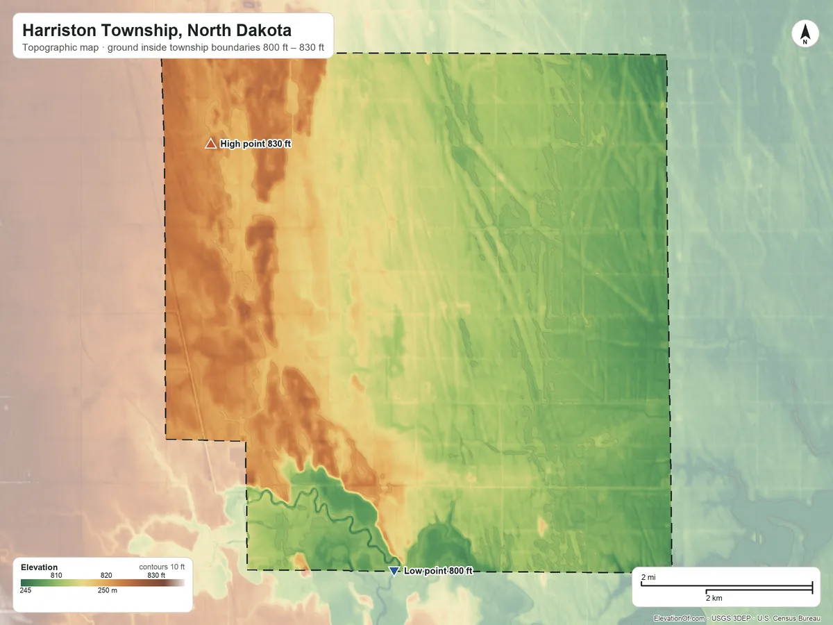 Topographic elevation map of Harriston Township, North Dakota, shaded from 800 ft on the southwest side to 830 ft on the northwest side