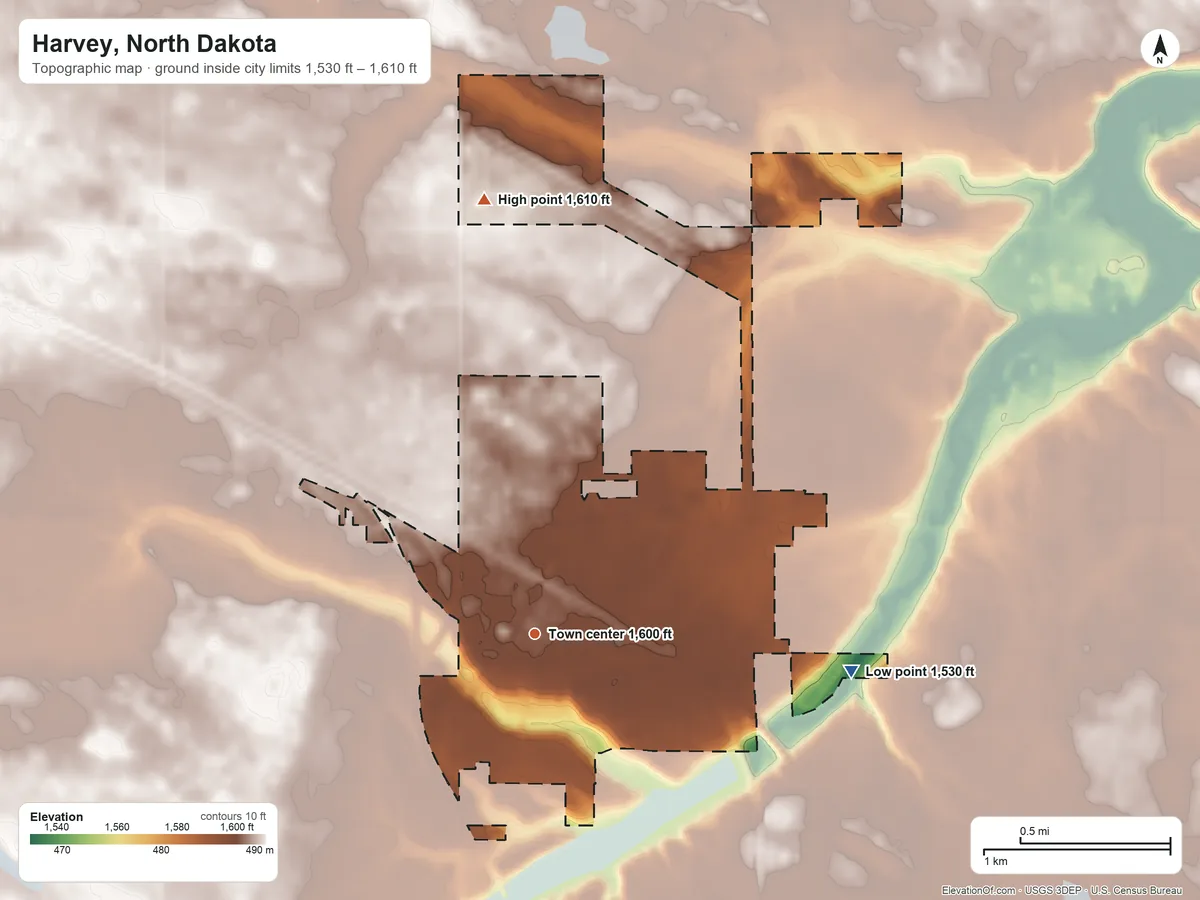 Topographic elevation map of Harvey, North Dakota, shaded from 1,530 ft on the east side to 1,610 ft on the north side
