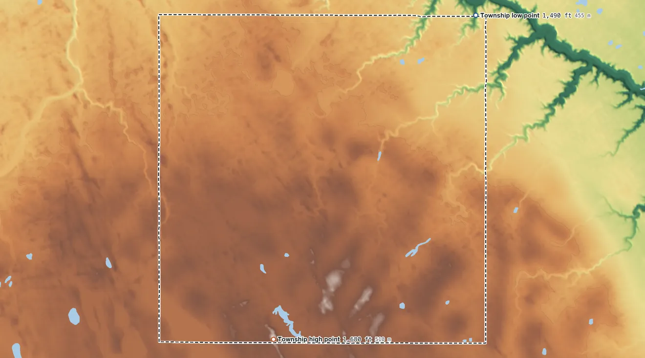 Topographic elevation map of Harvey Township, North Dakota, shaded from 1,490 ft on the northeast side to 1,680 ft on the southwest side