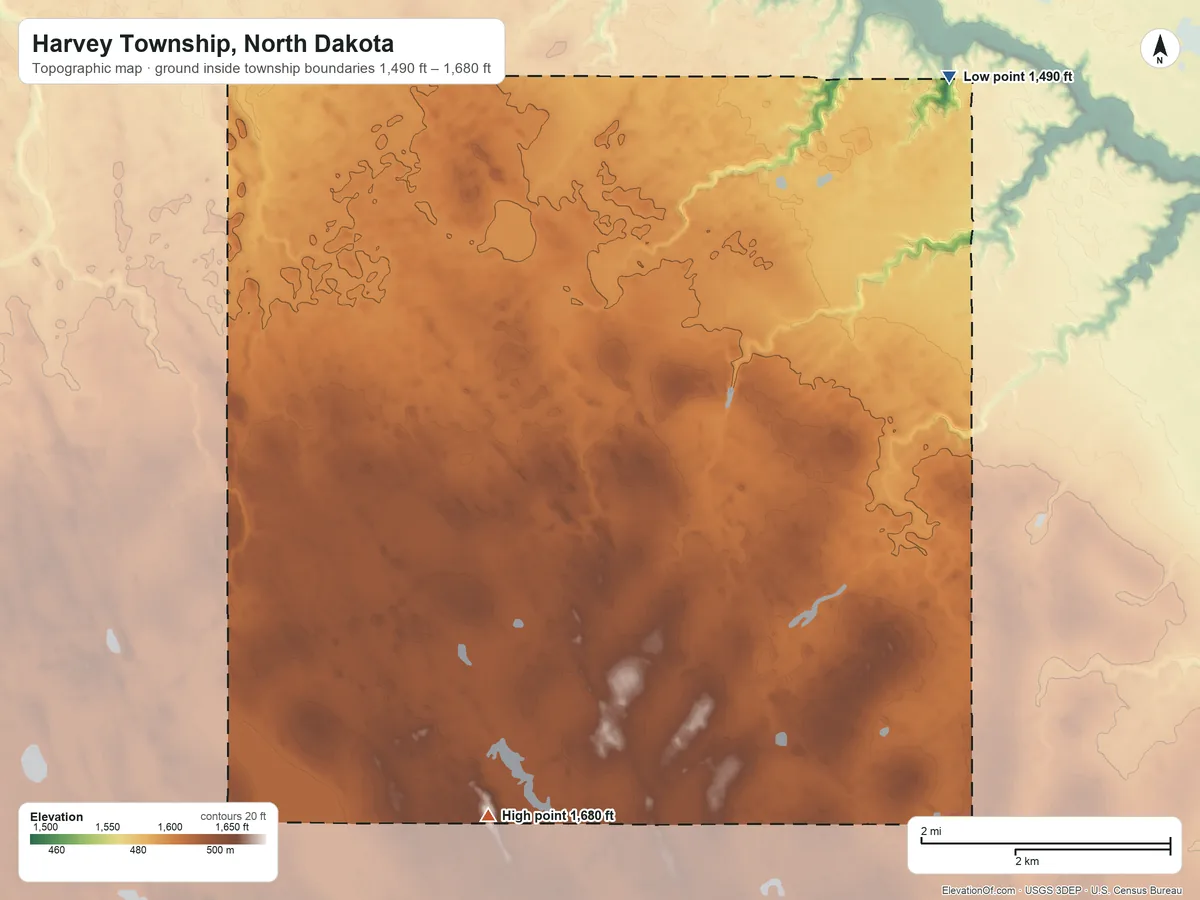 Topographic elevation map of Harvey Township, North Dakota, shaded from 1,490 ft on the northeast side to 1,680 ft on the southwest side