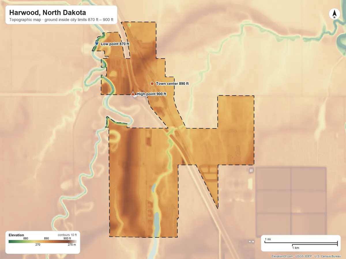 Topographic elevation map of Harwood, North Dakota, shaded from 870 ft on the northwest side to 900 ft near the middle