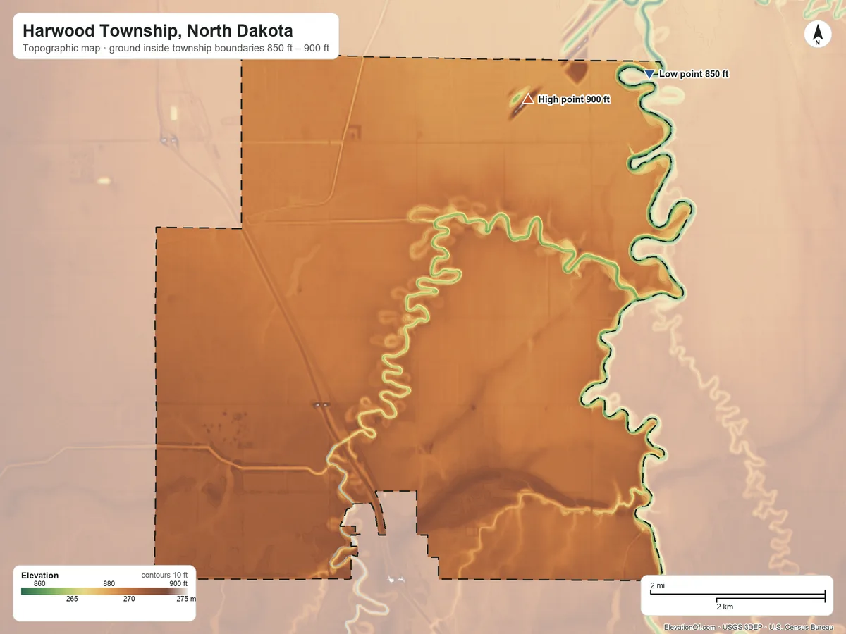 Topographic elevation map of Harwood Township, North Dakota, shaded from 850 ft on the northeast side to 900 ft on the northeast side