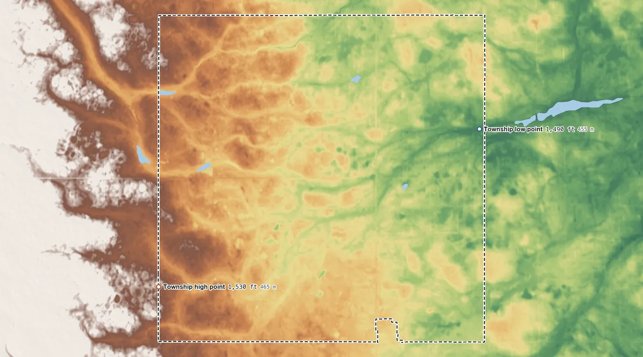 Topographic elevation map of Hastings Township, North Dakota, shaded from 1,490 ft on the northeast side to 1,530 ft on the southwest side