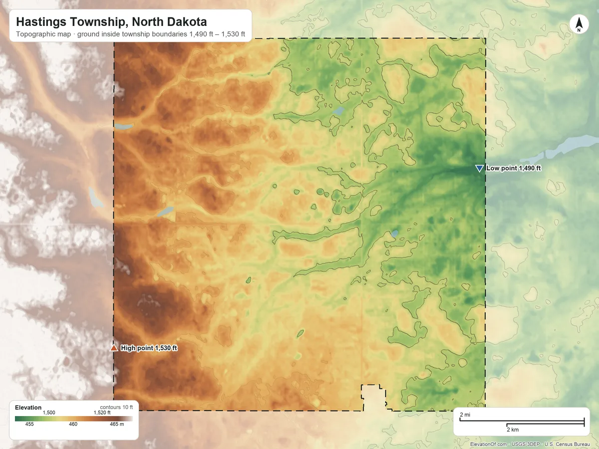 Topographic elevation map of Hastings Township, North Dakota, shaded from 1,490 ft on the northeast side to 1,530 ft on the southwest side