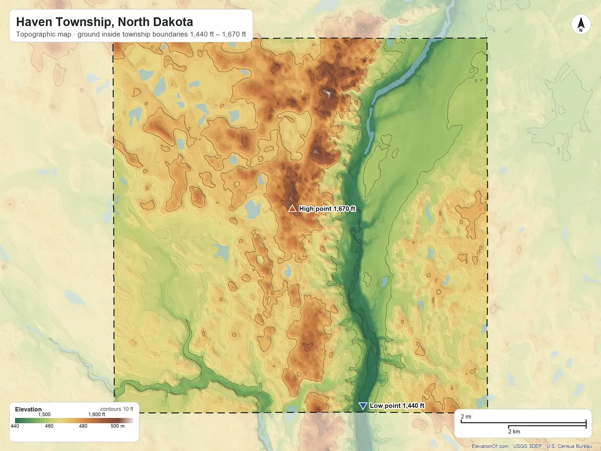 Topographic elevation map of Haven Township, North Dakota, shaded from 1,440 ft on the south side to 1,670 ft on the southwest side
