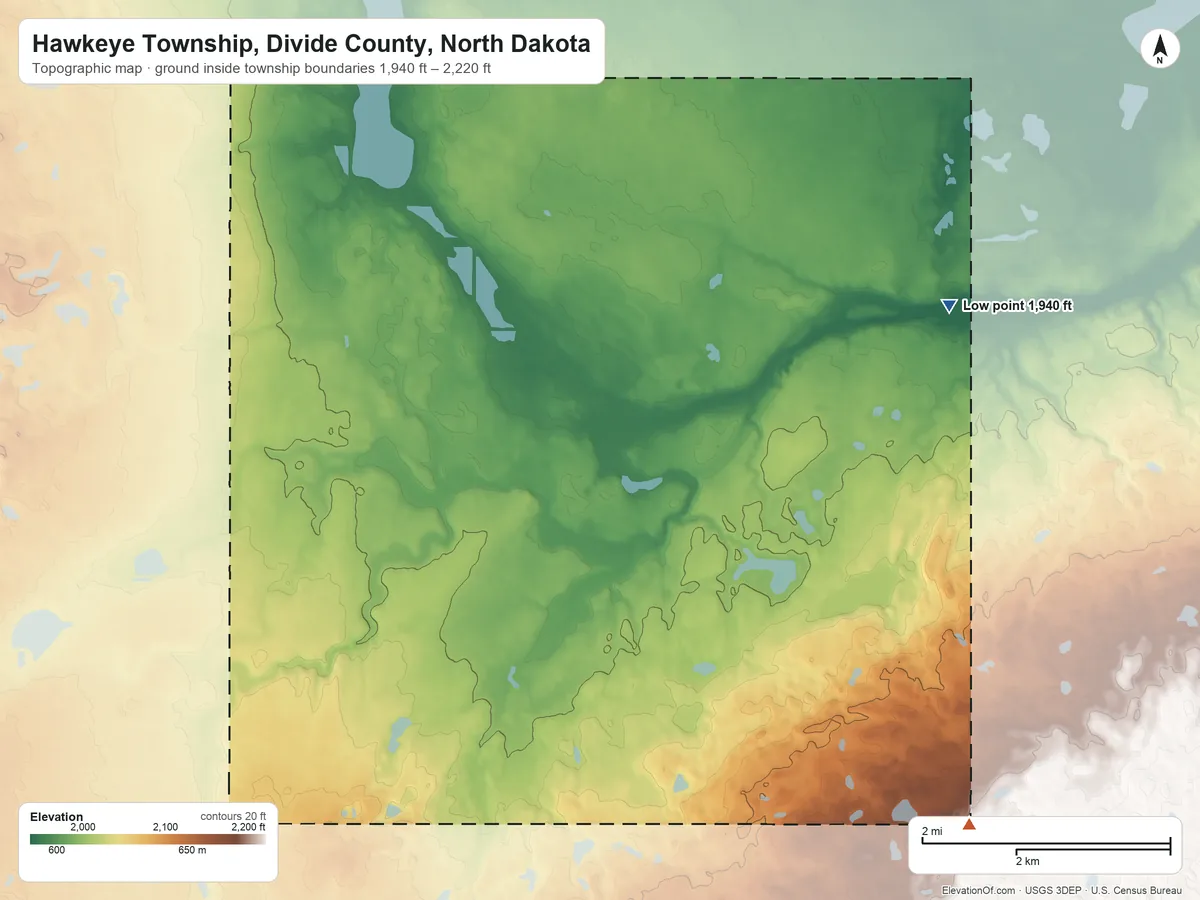 Topographic elevation map of Hawkeye Township, Divide County, North Dakota, shaded from 1,940 ft on the northeast side to 2,220 ft on the southeast side