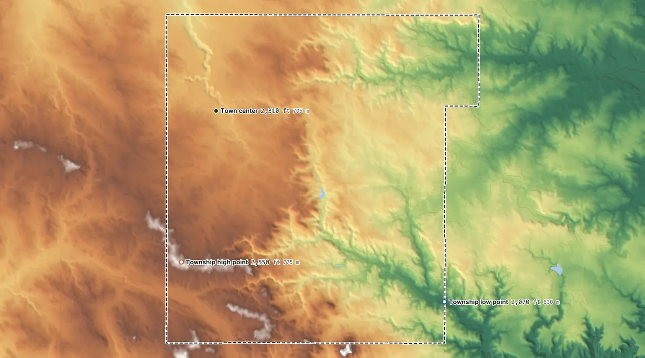 Topographic elevation map of Hawkeye Township, North Dakota, shaded from 2,070 ft on the southeast side to 2,550 ft on the south side