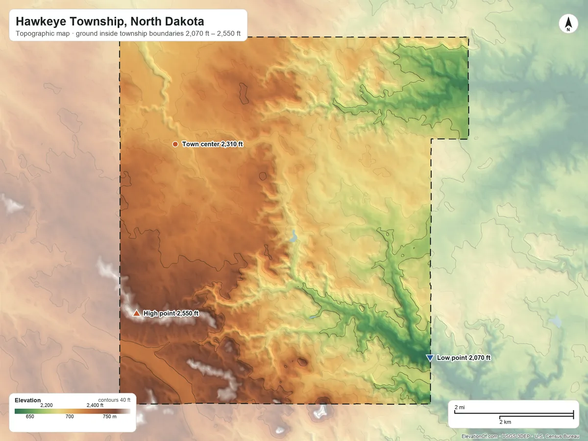 Topographic elevation map of Hawkeye Township, North Dakota, shaded from 2,070 ft on the southeast side to 2,550 ft on the south side