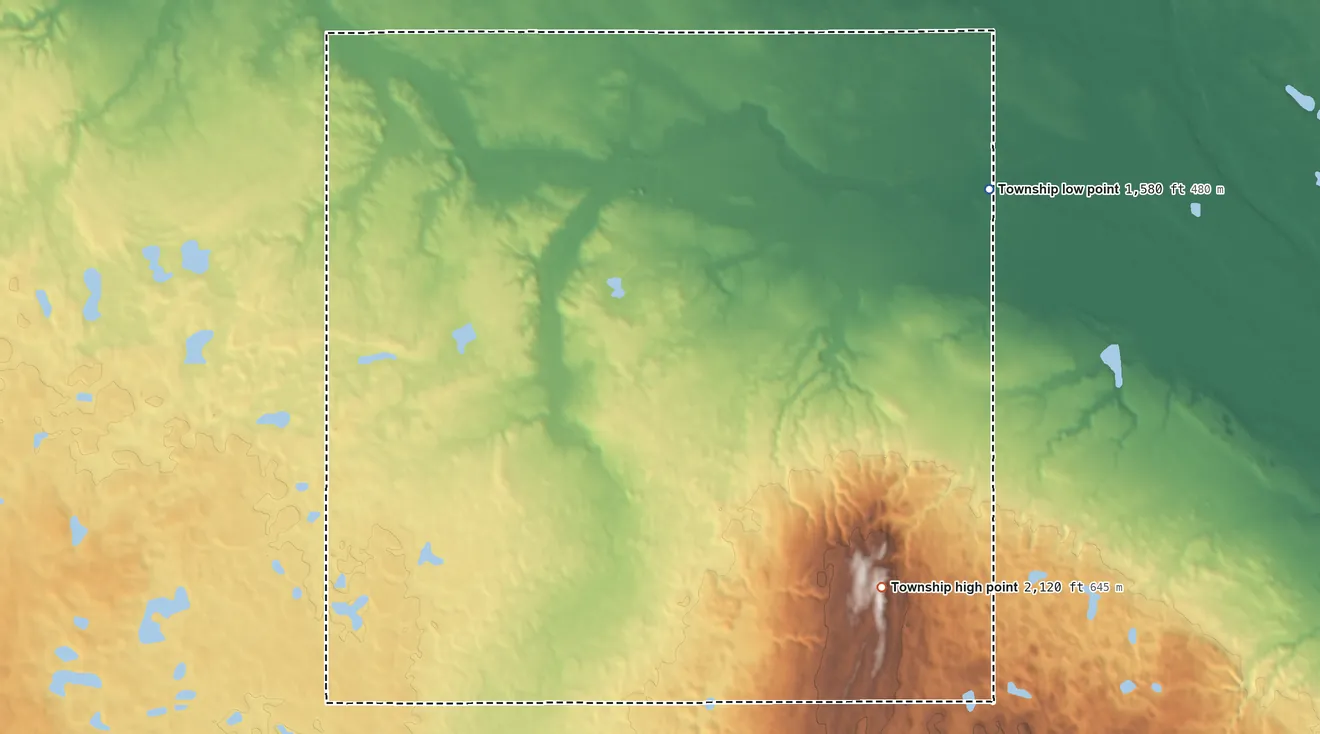 Topographic elevation map of Hawksnest Township, North Dakota, shaded from 1,580 ft on the northeast side to 2,120 ft on Hawks Nest