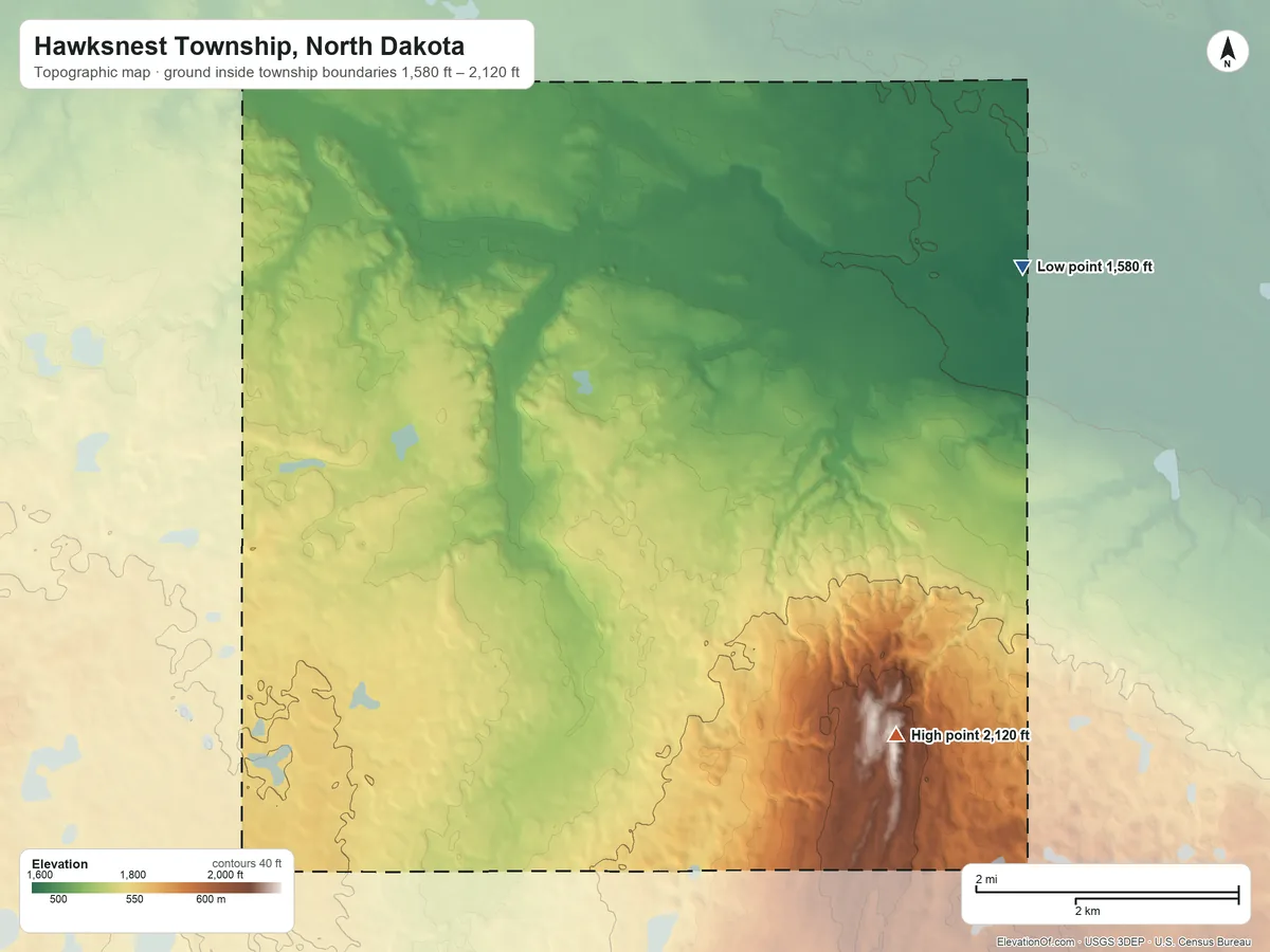 Topographic elevation map of Hawksnest Township, North Dakota, shaded from 1,580 ft on the northeast side to 2,120 ft on Hawks Nest