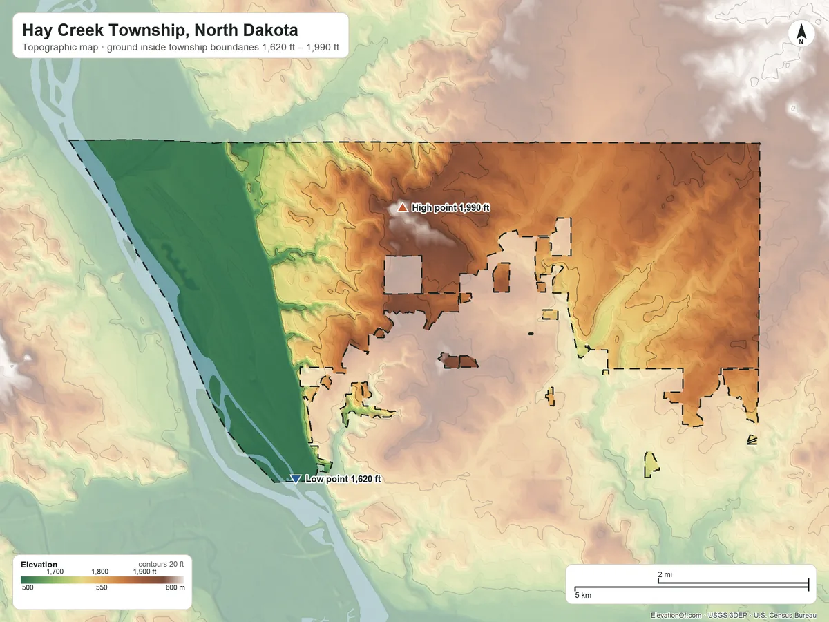 Topographic elevation map of Hay Creek Township, North Dakota, shaded from 1,620 ft on the southwest side to 1,990 ft on the west side