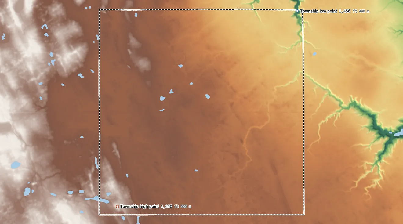 Topographic elevation map of Hay Township, North Dakota, shaded from 1,450 ft on the northeast side to 1,650 ft on the southwest side