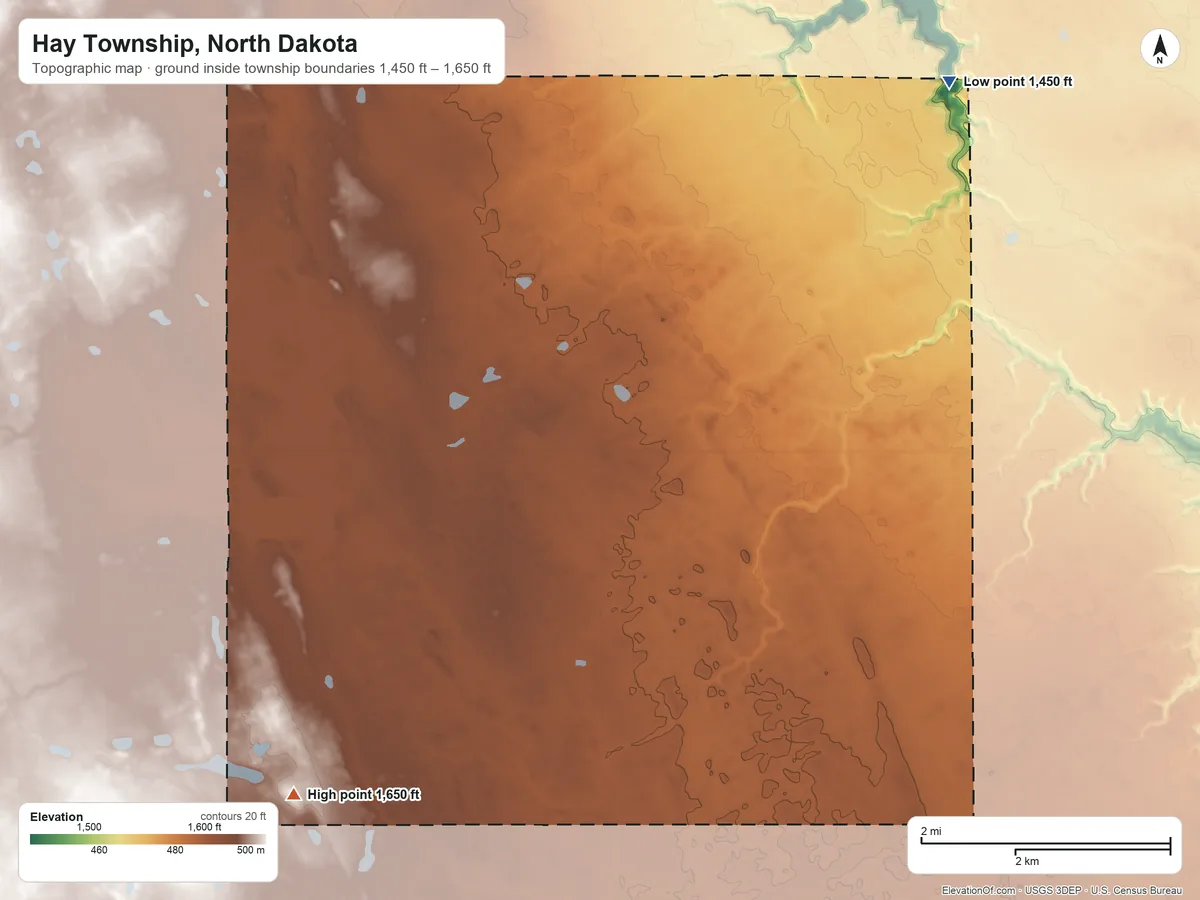 Topographic elevation map of Hay Township, North Dakota, shaded from 1,450 ft on the northeast side to 1,650 ft on the southwest side