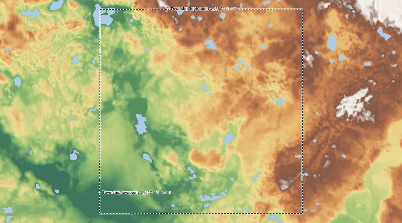 Topographic elevation map of Hayland Township, North Dakota, shaded from 2,210 ft on the west side to 2,380 ft on the north side