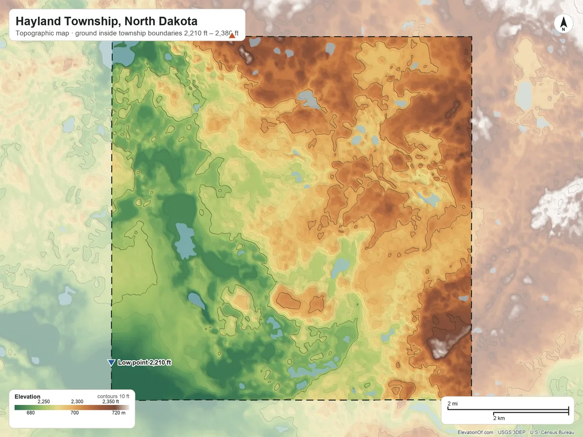 Topographic elevation map of Hayland Township, North Dakota, shaded from 2,210 ft on the west side to 2,380 ft on the north side